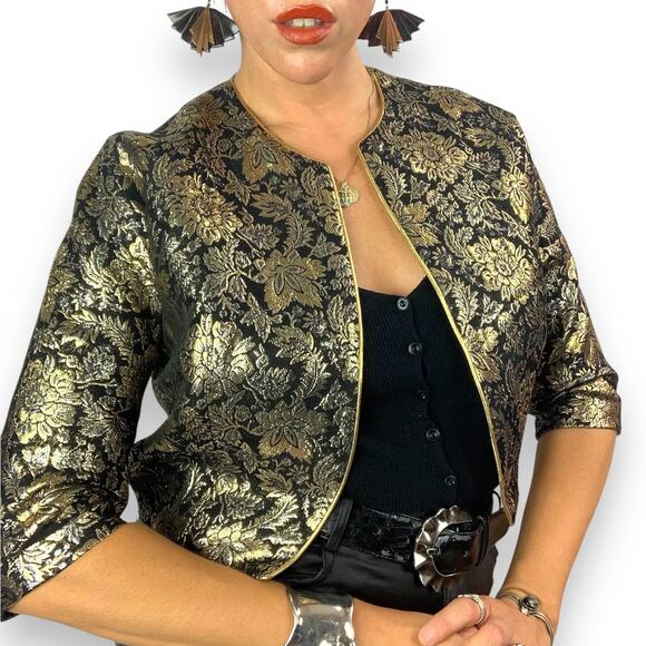 Vintage Jackets & Blazers - 1950's MISS ELLIETTE of CALIFORNIA woven gold and black floral cropped jacket